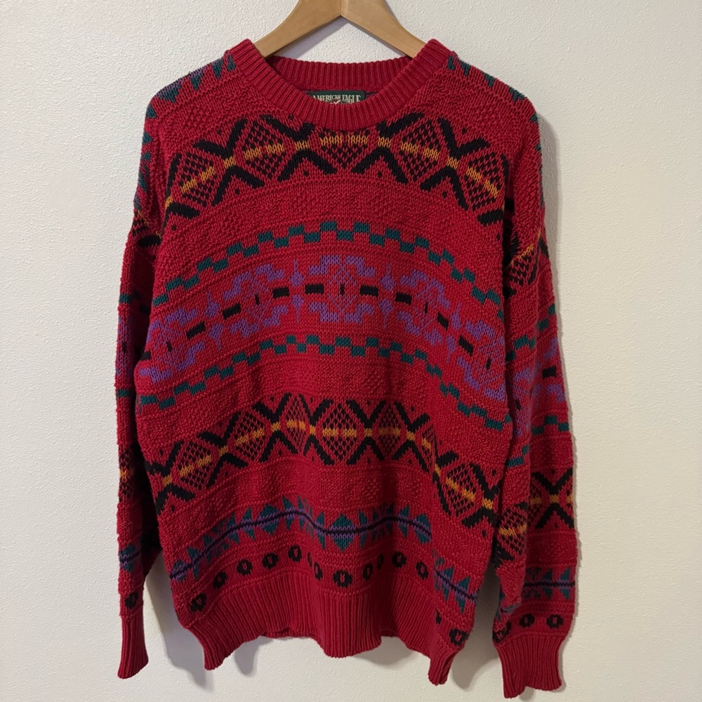 Vintage 90s American Eagle Southwestern 3D Knit Crew Sweater Red Slouchy USA-M